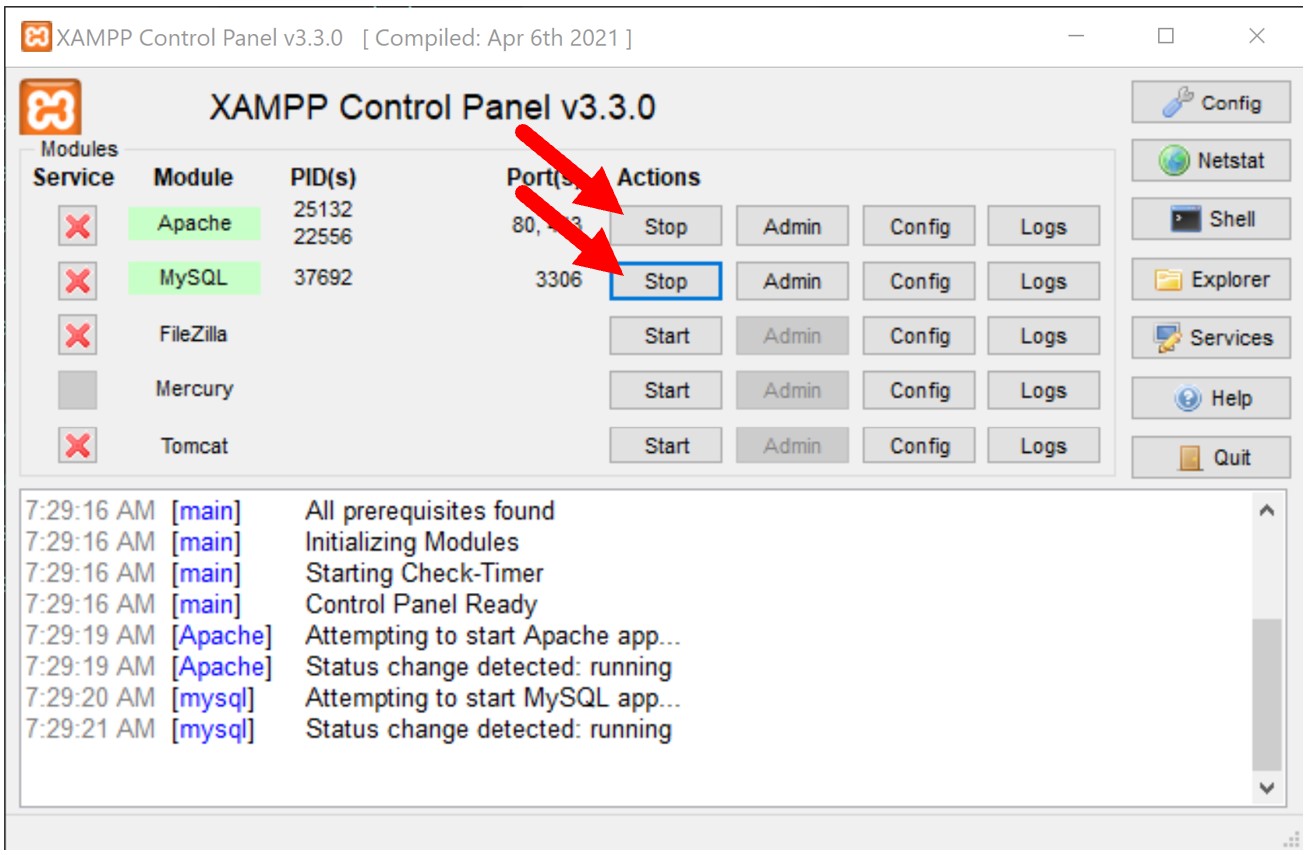 XAMPP control panel